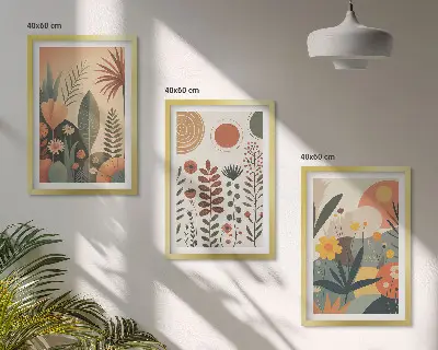 Triptih z motivom boho rastlinskih vzorcev narave v okvirju