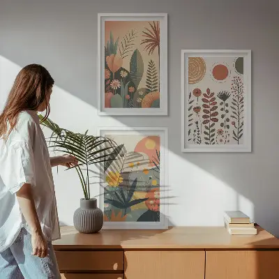 Triptih z motivom boho rastlinskih vzorcev narave v okvirju