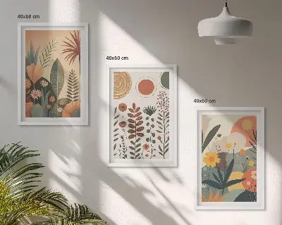 Triptih z motivom boho rastlinskih vzorcev narave v okvirju