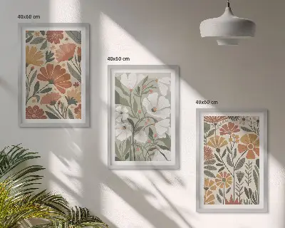 Večdelna slika v okvirju cvetlični vzorci v oranžno zeleni barvi