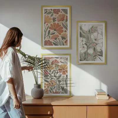 Večdelna slika v okvirju cvetlični vzorci v oranžno zeleni barvi