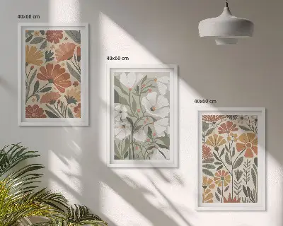 Večdelna slika v okvirju cvetlični vzorci v oranžno zeleni barvi