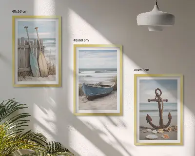 Pesek za sidro na plaži v triptihu z okvirjem