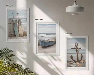 Pesek za sidro na plaži v triptihu z okvirjem