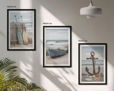 Pesek za sidro na plaži v triptihu z okvirjem