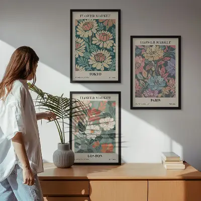 Komplet 3 slik v okvirjih cvetlični plakati z motivi Tokia, Pariza in Londona
