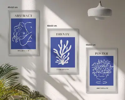 Komplet 3 modrih plakatov v okvirju elegantni posterji