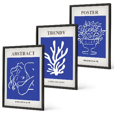 Komplet 3 modrih plakatov v okvirju elegantni posterji