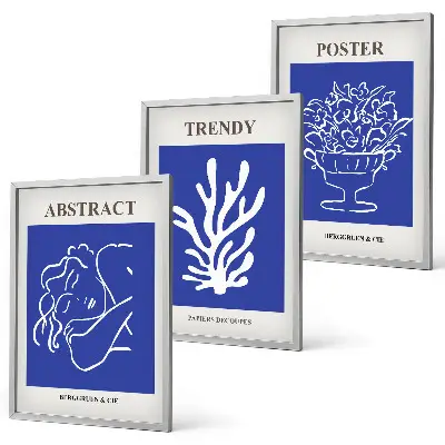 Komplet 3 modrih plakatov v okvirju elegantni posterji