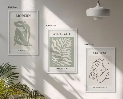 Eleganten triptih zelenih slik z liki v okvirju