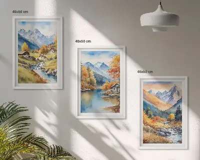 Komplet 3 slik v okvirju jesenske gore in rečne hiše
