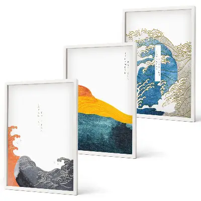Triptih v okvirju z motivom valov v japonskem grafičnem slogu