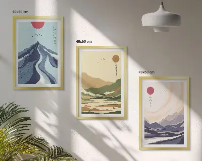 Pastelne gore v japonskem slogu komplet 3 slik v okvirju