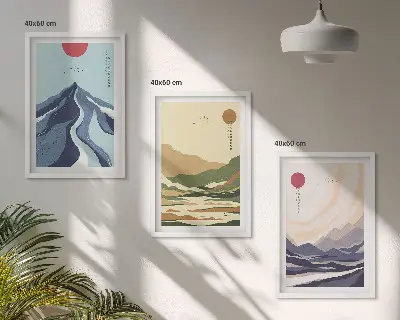 Pastelne gore v japonskem slogu komplet 3 slik v okvirju