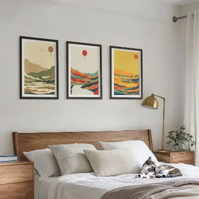 Komplet 3 slik v okvirju z motivom barvitih gora in rek v slogu Japandi