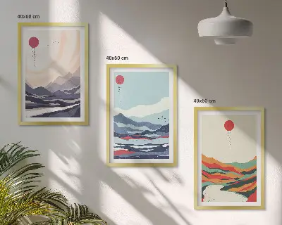 Japonske gorske abstrakcije triptih v okvirju