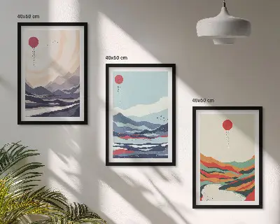 Japonske gorske abstrakcije triptih v okvirju