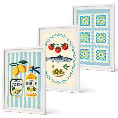 Set 3 slik v okvirju Ilustracije kuhinj v mediteranskem slogu