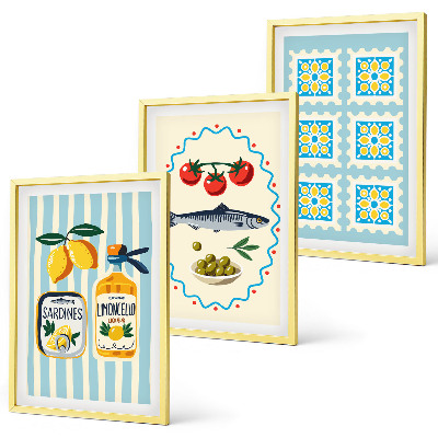 Set 3 slik v okvirju Ilustracije kuhinj v mediteranskem slogu
