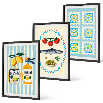 Set 3 slik v okvirju Ilustracije kuhinj v mediteranskem slogu