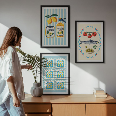 Set 3 slik v okvirju Ilustracije kuhinj v mediteranskem slogu
