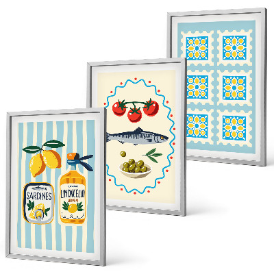 Set 3 slik v okvirju Ilustracije kuhinj v mediteranskem slogu