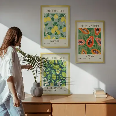 Komplet 3 slik v okvirju z motivom sadnih vzorcev limone in papaje