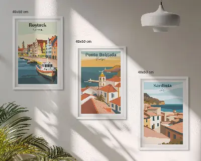 Razgledi na evropska obalna mesta triptih v okvirju
