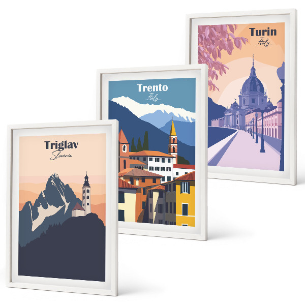 Triptih v okvirju Retro ilustracije gorske arhitekture