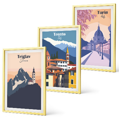Triptih v okvirju Retro ilustracije gorske arhitekture