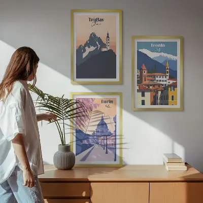 Retro ilustracije gorske arhitekture triptih v okvirju