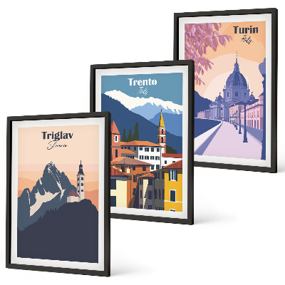 Triptih v okvirju Retro ilustracije gorske arhitekture