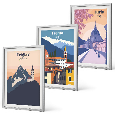 Triptih v okvirju Retro ilustracije gorske arhitekture