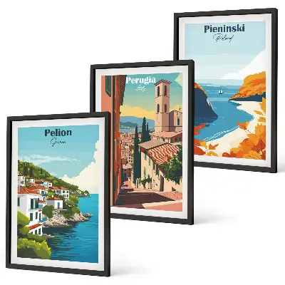 Komplet 3 slik v okvirju z motivom slikovitih retro pokrajin