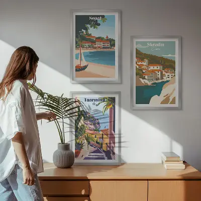 Ilustracije obmorskega mesta triptih v okvirju