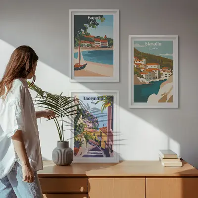 Ilustracije obmorskega mesta triptih v okvirju
