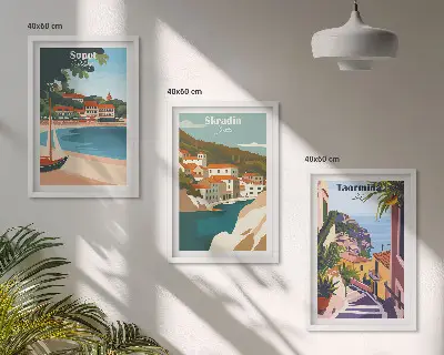 Ilustracije obmorskega mesta triptih v okvirju