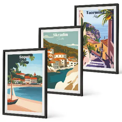 Ilustracije obmorskega mesta triptih v okvirju
