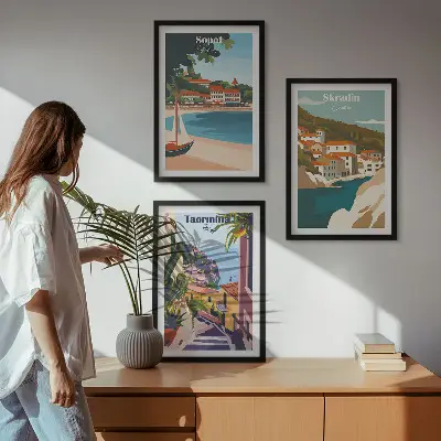 Ilustracije obmorskega mesta triptih v okvirju