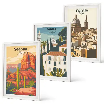Večdelna slika v okvirju pogledi Sedona Sintra in Valletta v retro stilu