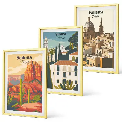 Večdelna slika v okvirju pogledi Sedona Sintra in Valletta v retro stilu