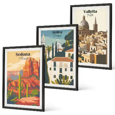 Večdelna slika v okvirju pogledi Sedona Sintra in Valletta v retro stilu