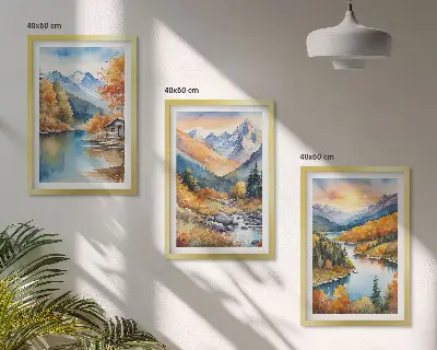 Večdelna slika v okvirju gorska pokrajina z reko v jesenskih barvah