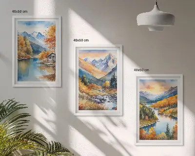 Večdelna slika v okvirju gorska pokrajina z reko v jesenskih barvah