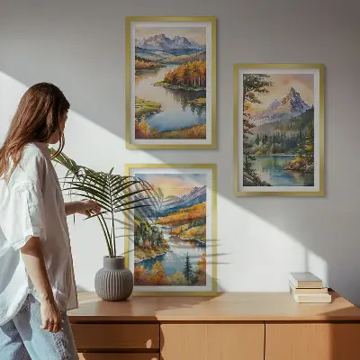 Gorske pokrajine z reko triptih v okvirju