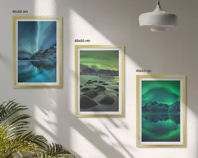 Zimska pokrajina aurore borealis triptih v okvirju