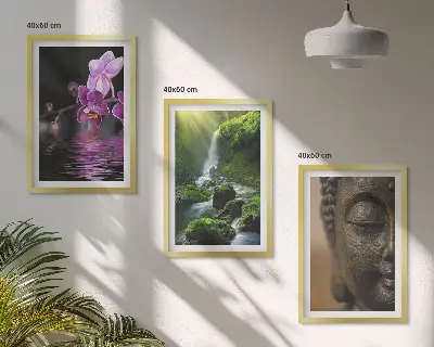 Večdelna slika v okvirju cvetlični slap z motivom Bude in zen skale