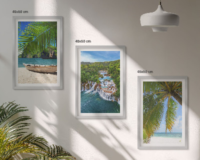 Večdelna slika v okvirju Plaža, čoln, slapovi, palme