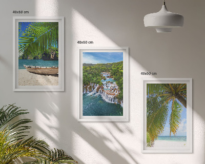 Večdelna slika v okvirju Plaža, čoln, slapovi, palme