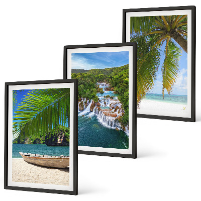 Večdelna slika v okvirju Plaža, čoln, slapovi, palme